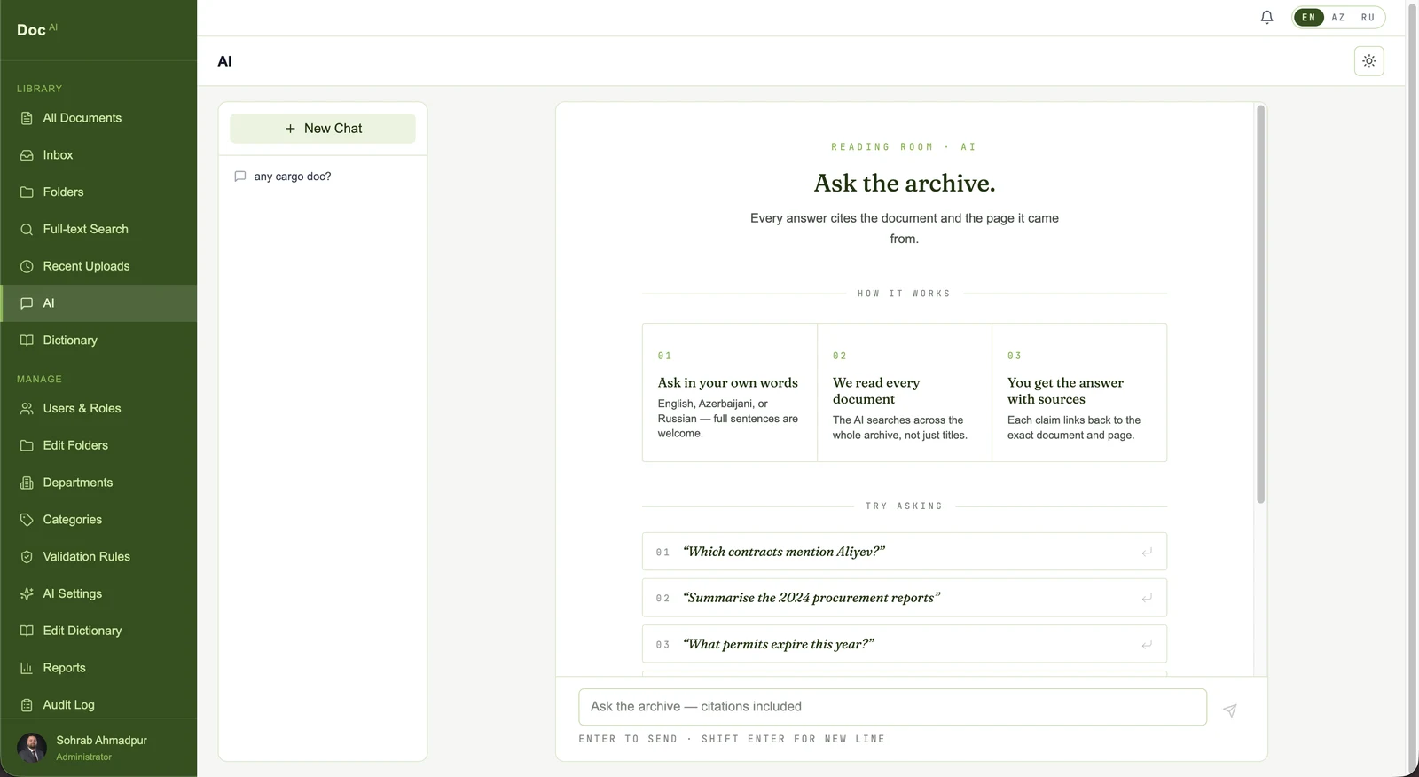DocAI — Ask the archive: AI answers with cited sources